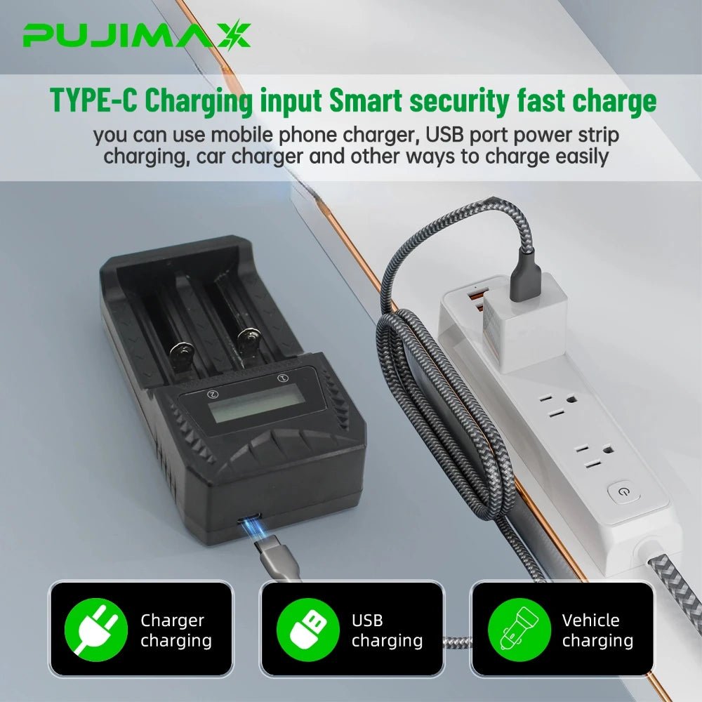 PUJIMAX 2-Slot LCD Battery Charger with Type-C For 18650 21700 26650 14500 16340 3.7V Lithium AA AAA 1.2V Ni-MH NiCd Battery