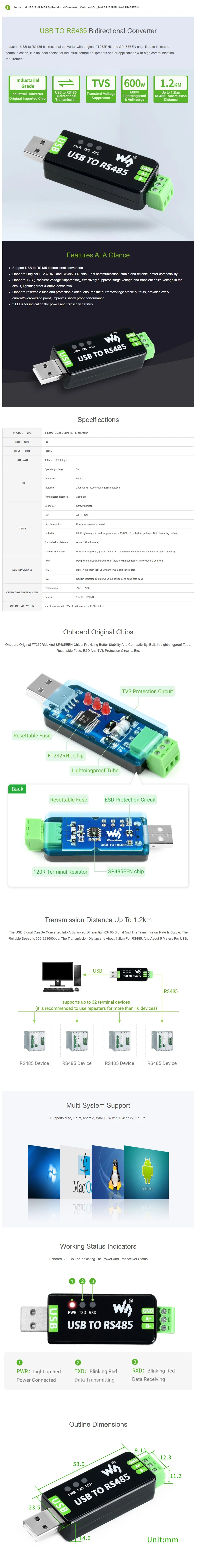 Waveshare Industrial USB To RS485 Converter USB TO RS485 Bidirectional Converter Compatible with Linux/Android/Windows 11/10/8/7