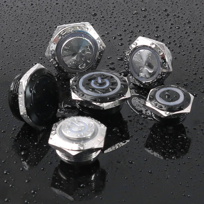 12/16/19/22mm Short Stroke Oxide Blcak Shell Metal Button Switch Waterproof Flat Head With Power LED Light Momentary 1NO 6V 24V
