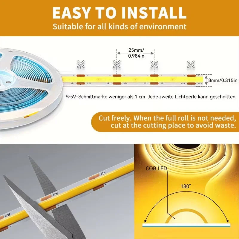 1 Roll of Cob Spotless Led Light Strip with Battery Box (Battery Not Included), Low Voltage 5V, Battery Box Powered (Battery Not Included), White Light/Warm Light/Neutral Light, Suitable for Space-Themed Decoration, Ca