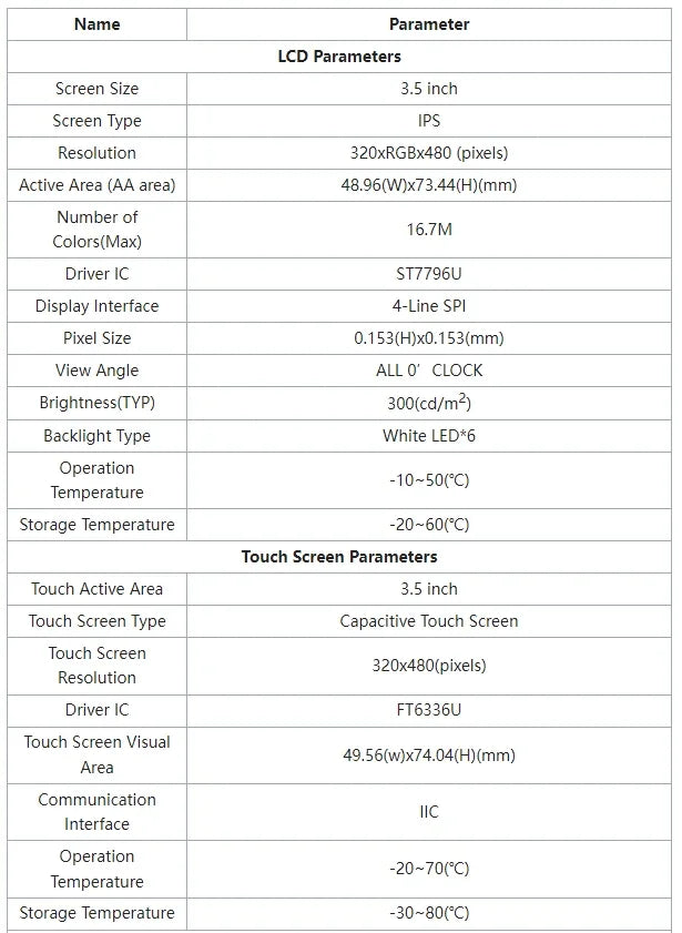 3.5 Inch IPS LCD Display Module 480x320 Capacitive Touch Screen ST7796 TFT SPI LCD Module for Mega2560/C51/STM32/ESP32/Arduino