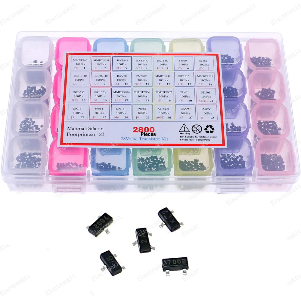 2800pcs 28Types SMD Transistor mix Kit 2N2222 S8050 S8550 S9014 2SC3356 S9018 TL431 C1815 A42 2N7002 2SC1623 AO3400 BAT54 BAV99