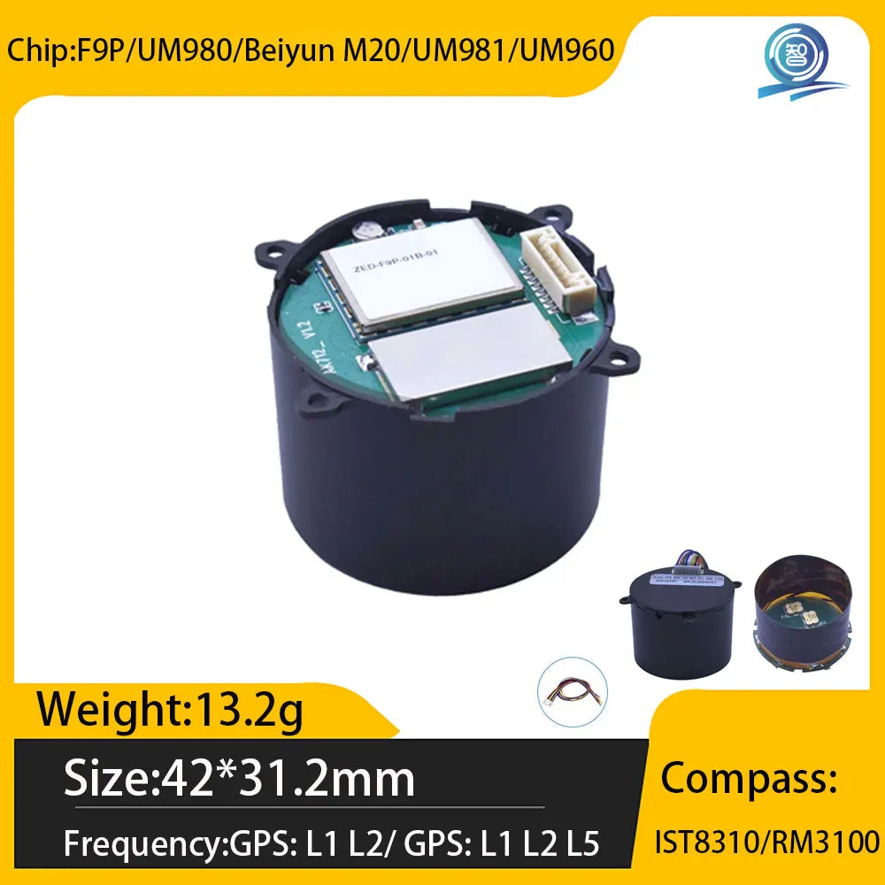 ZED-F9P/UM980/UM981/UM960/Beiyun M20 GNSS/GPS Centimeter-Level RTK Module with Helix Antenna Compass IST8310/RM3100,FOR UAV