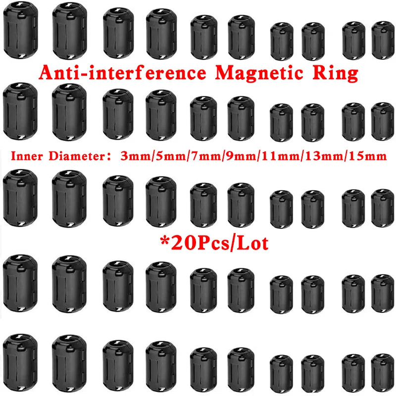 20Pcs 3.5/5/7/9/13/15mm Ring Core Ferrite Bead Clamp Choke Coil EMI RFI Noise Filter Clip Snap Cable for Black Magnetic Snap-on