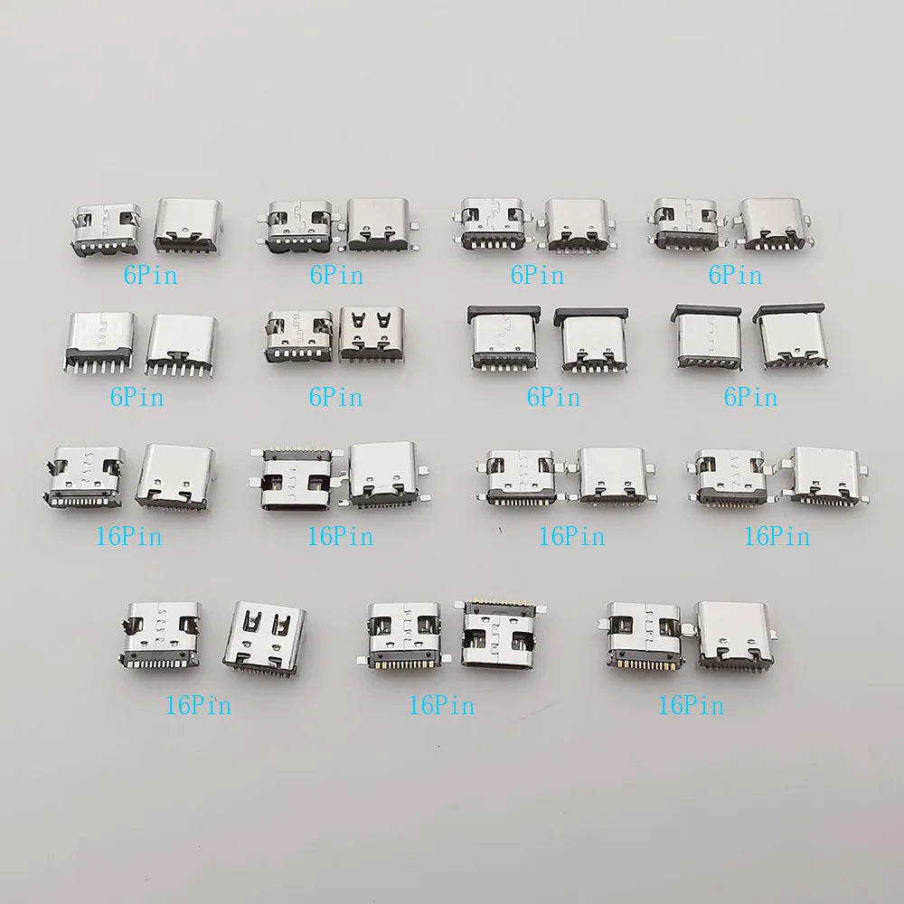 15Models/Box Type C USB-C JACK Charging Dock Connectors Mix 6Pin and 16Pin Type-C Female SMD DIP PCB Soldering DIY Repair Socket