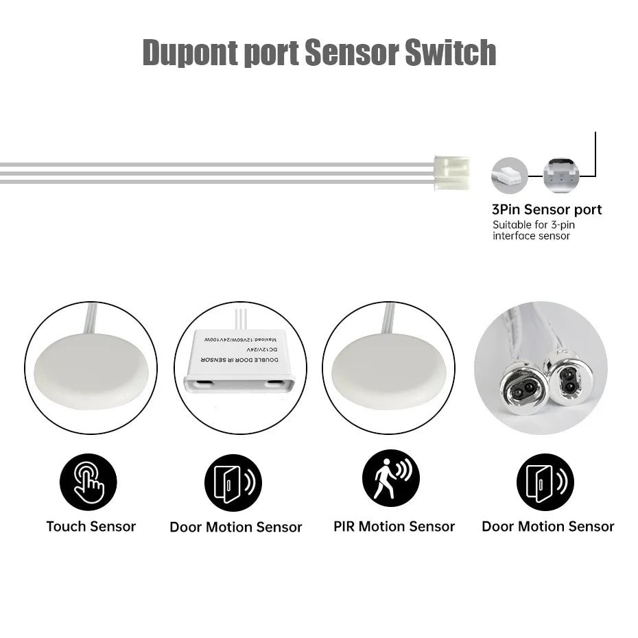LED Cabinet Sensor Switch DC12-24V Dupont Port Touch/PIR Motion/Dual Door Motion Sensor /Penetrable Wood Detection Design 25MM