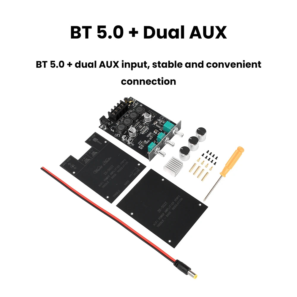 ZK-502T Dual Channel Stereo Power Amplifier Module TPA3116D2 Chip 50Wx2 Bluetooth 5.0 AUX Input DC9-24V High Low Bass Adjustment Audio AMP Board for Speaker DIY