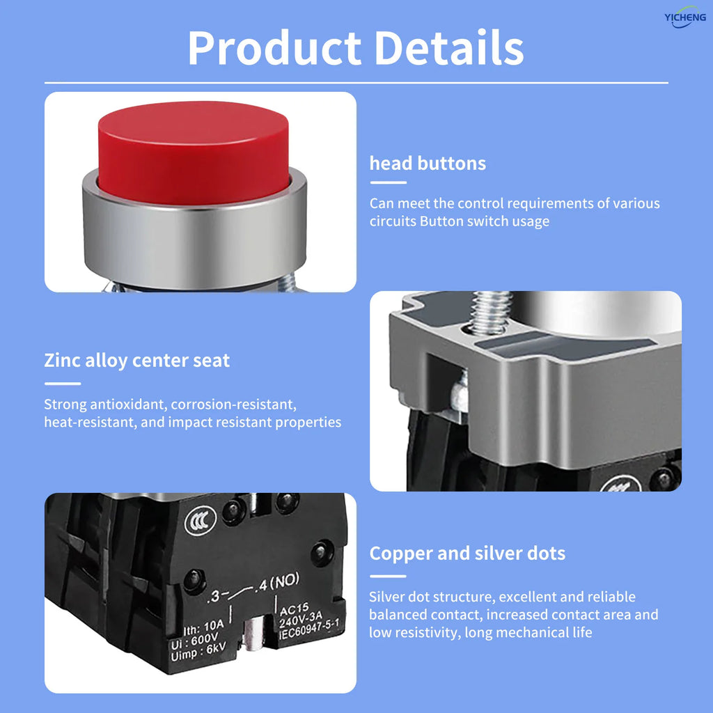 10Pcs 22MM High head Momentary Push Button Switch 1NO1NC SPDT 10Amp 600V Metal Head Waterproof IP65,Control power button switch