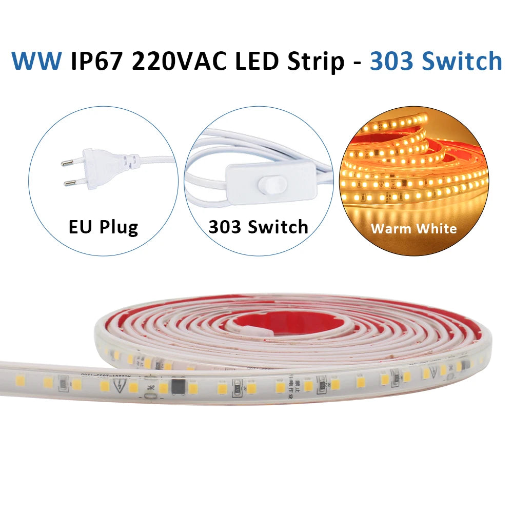 AC 220V 230V 2835 LED Strip Light Waterproof IP67 120LEDs/m Flexible Tape Lamp Warm Cold White 1M 2M 3M 5M 10M 20M Home Lighting
