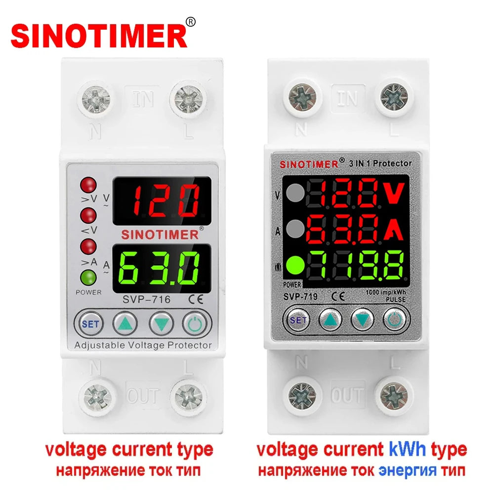 110VAC 120V Dual/Three Display Adjustable Over Voltage Current Under Voltage Protector KWh Energy Meter 40A 63A Protection Relay