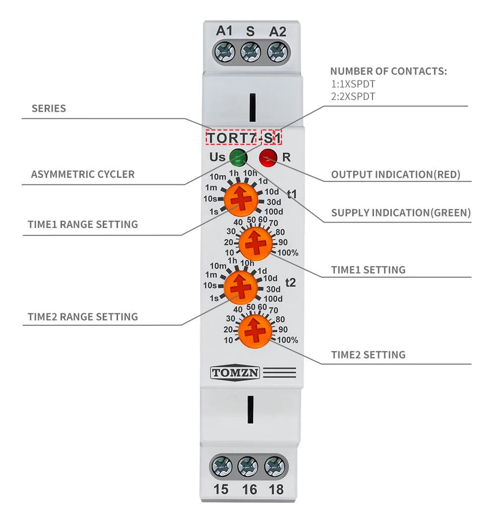 TORT7 Series 10-in-1 Multi-Function Time Relay | ON Delay / OFF Delay / Asymmetric Cycle / Pulse & Interval Timer, 0.1S–10D