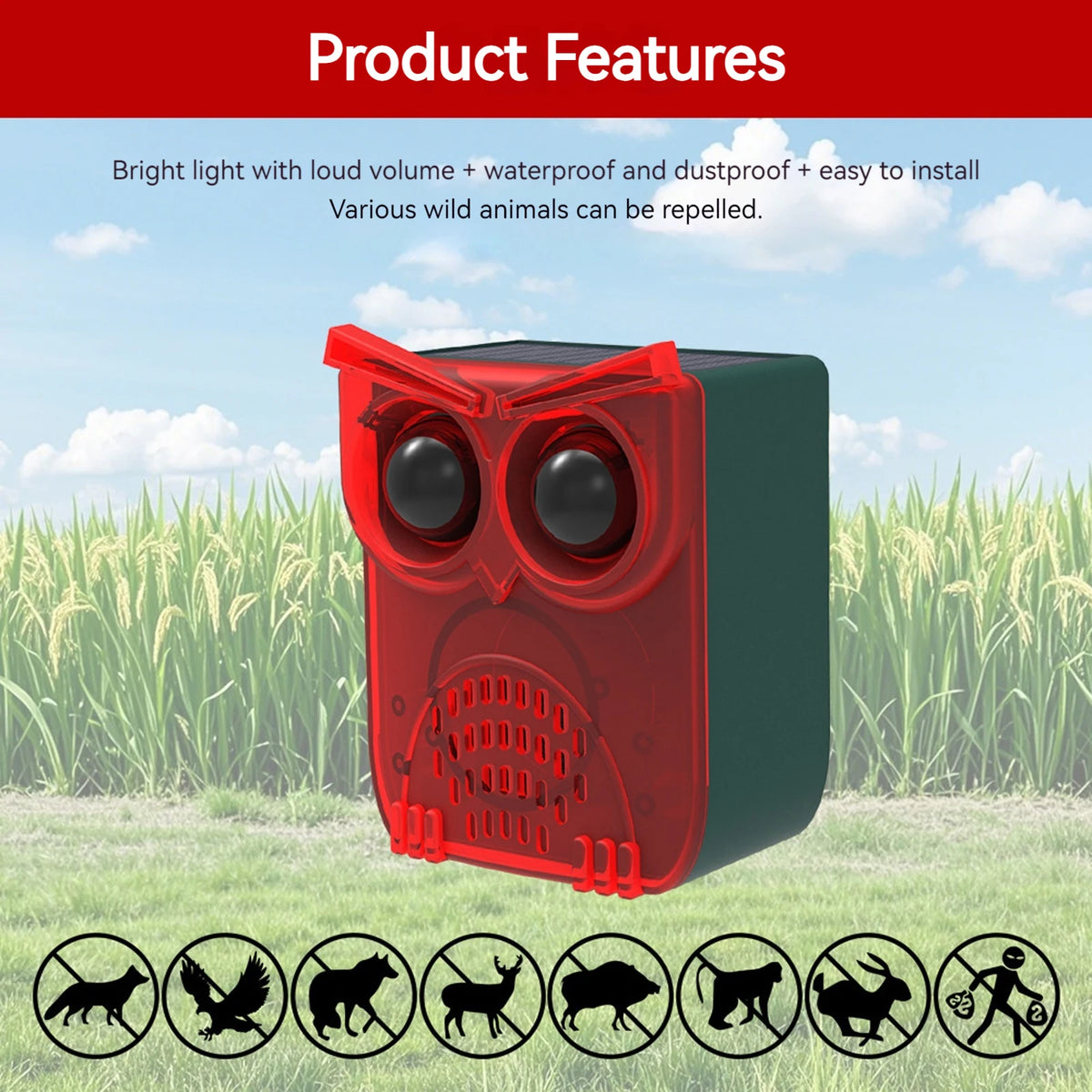 Outdoor Waterproof Solar Outdoor Motion Sensor Alarm Dog Barking&Gunshot Sound Animal Repeller Deter Raccoons Bears and Coyotes