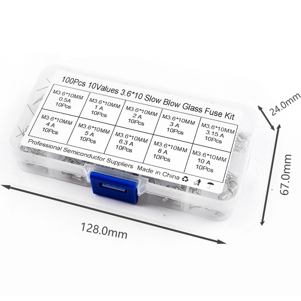 Axial Lead Glass Fuse Assortment Kit 100PCS 10 Sizes 3.6*10mm 0.5A 1A 2A 3A 5A 8A 10A 250V Slow Blow Fuse Tube For PCB Repair