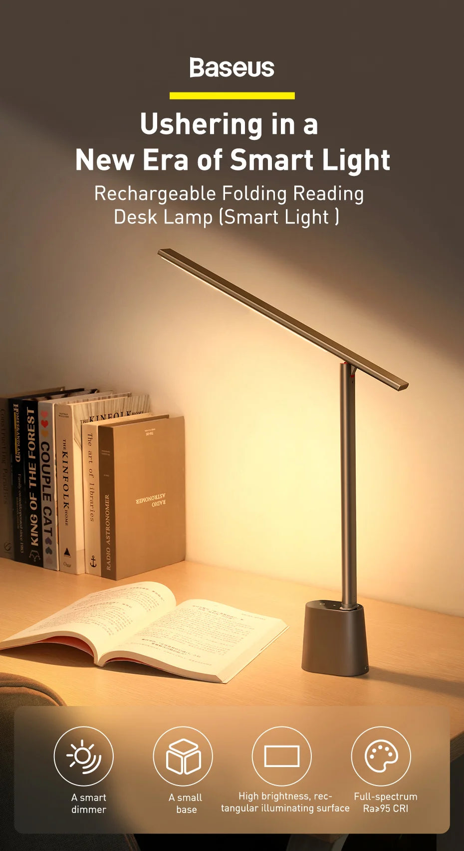 Baseus Desk Lamp 180° Foldable LED Table Lamp Rechargeable Auto Dimming Smart Eye Protection Study Reading Room Night Light Lamp