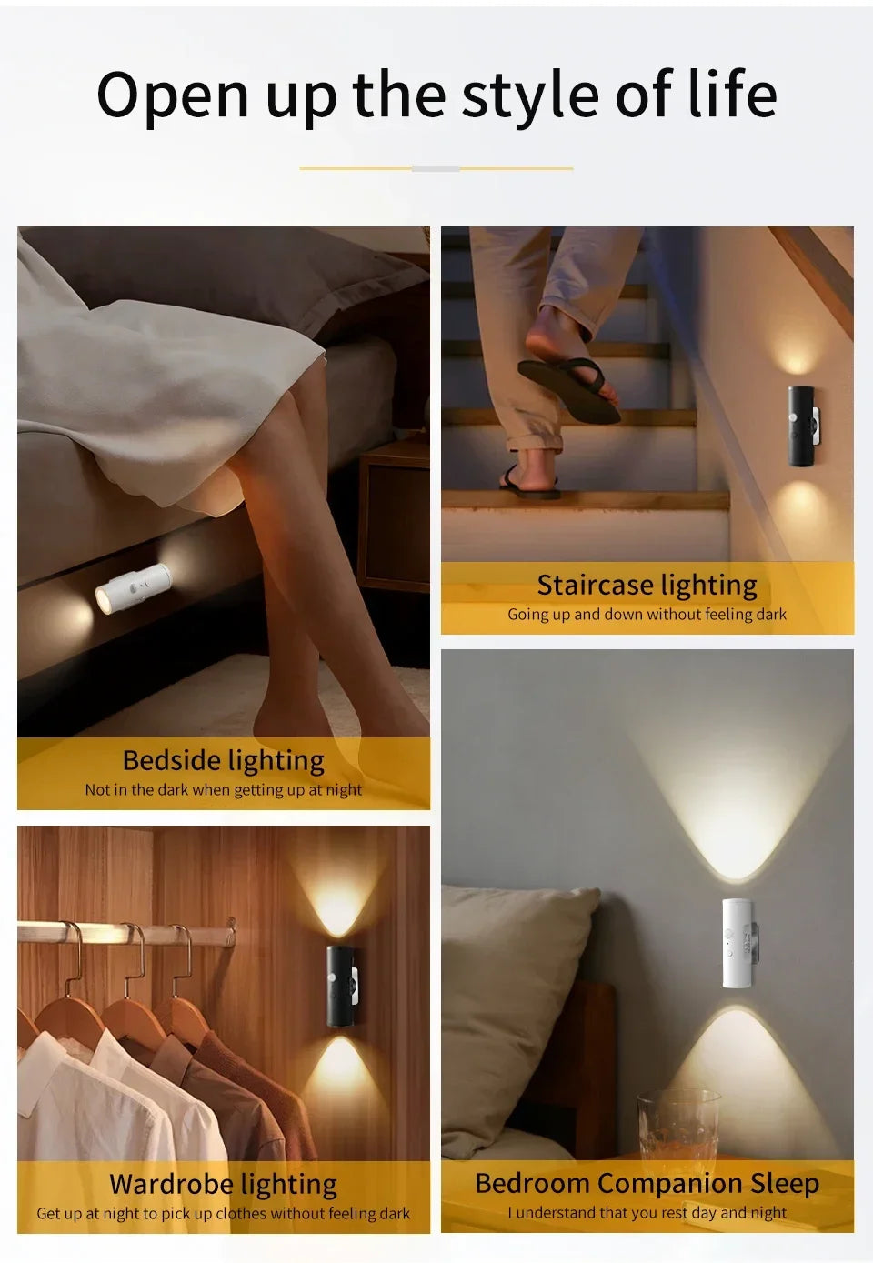 Rechargeable Motion Sensor LED Night Light Double Head Magnetic 3 Color Wall Lamp USB Charging for Closet Stairs Hallway Kitchen