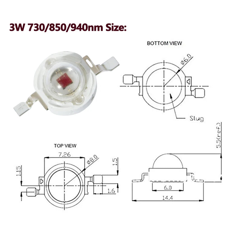 IR LED 3W 730nm 740nm 850nm 940nm 1050nm 3Watt Chip Diode Infrared Red Beads Radiation Bulb Laser Flashlight Night Vision Camera