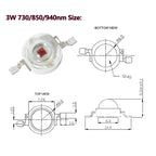 IR LED 3W 730nm 740nm 850nm 940nm 1050nm 3Watt Chip Diode Infrared Red Beads Radiation Bulb Laser Flashlight Night Vision Camera