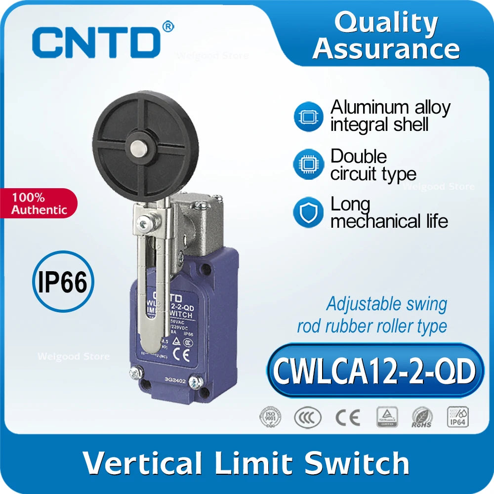 CNTD CWLCA12-2-QD Vertical Limit Switch 10A 380VAC IP66 DPDT Za Double-Break Adj Swing Rod Rubber Roller Industrial