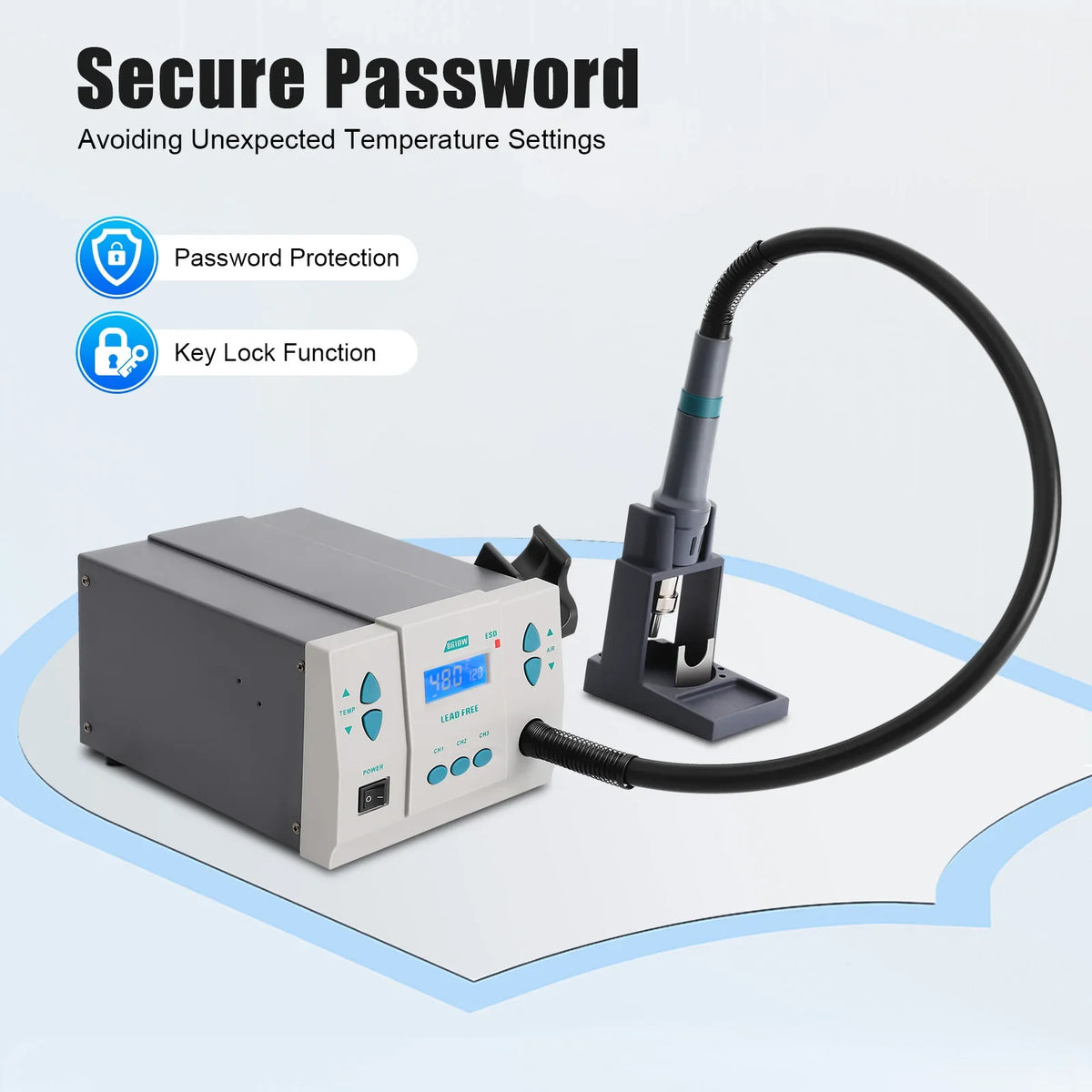 Hot Air Rework Station, 1000W Digital Heat Soldering Rework Station with Adjustable 100℃~500℃ Heat Gun& 3PCS Air Nozzles