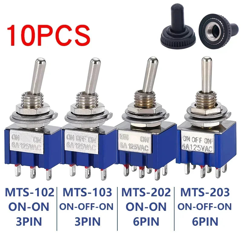 10Pcs Waterproof Cap Miniature Toggle Switch ON-OFF-ON / ON-ON SPDT DPDT MTS-102 MTS-103 MTS-202 MTS-203 Rocker Switch