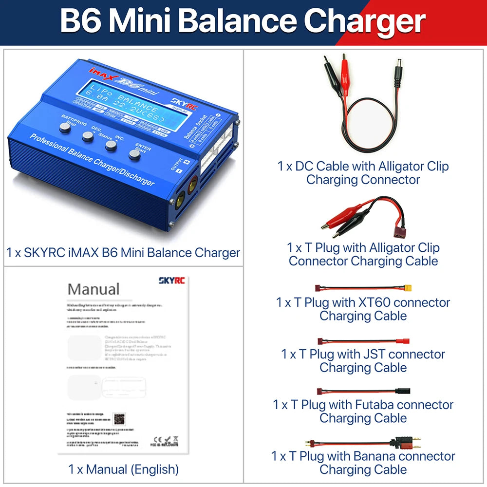SKYRC Lipo Charger IMAX B6 EVO B6 V2 B6 Mini B6AC V2 Balance Battery Charger Discharger with Adapter Temperature Sensor 6A 1-6S