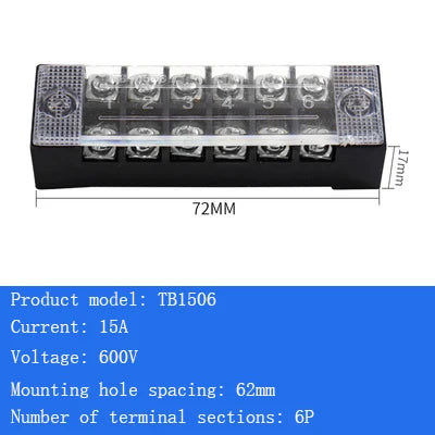 TB15A 25A 45A Copper Wiring Terminal Block 3/4/5/6/8/10/12 Position Electrical Connector Board Current Terminal Strip