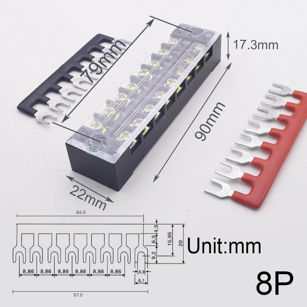 1pcs 15A 600V Dual Row Strip Screw Terminal Block With 2pcs Terminal Strip Short Piece TB Connector 3 4 5 6 8 10 12 Position