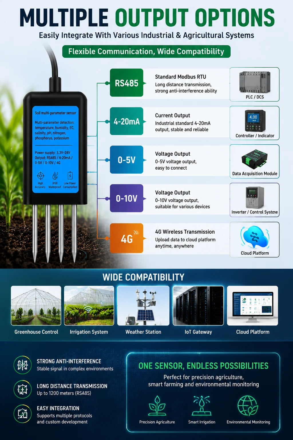 High Precision Agriculture Soil Sensor Moisture Temperature Humidity EC PH NPK with Optional 4-20mA 0-5V RS485 Output
