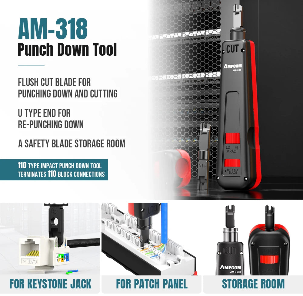 AMPCOM Network Tool Kit, Lan Tester RJ45 Crimper Cat6 CAT5E Connectors RJ11 Punch Down Tool Wire Stripper Pliers Ethernet Cable