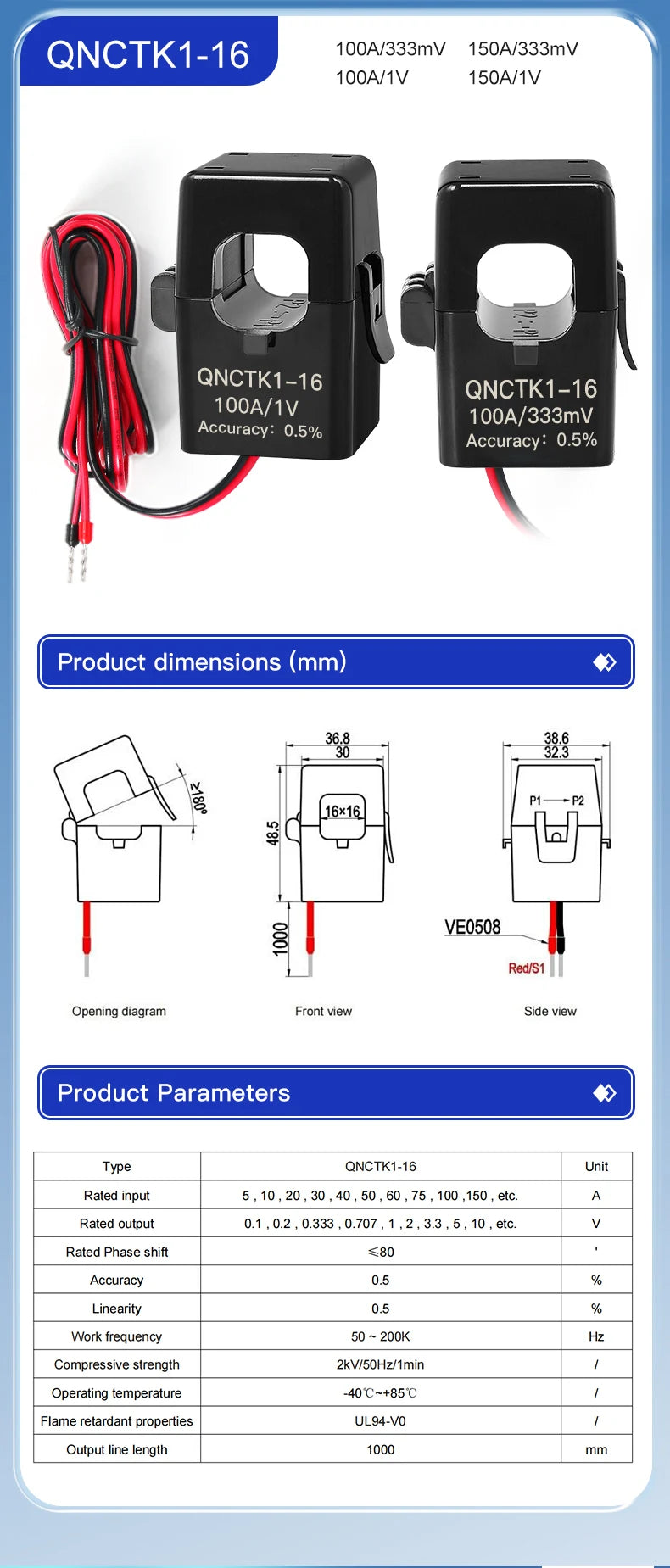 QNCTK1-16 100A 333mV 150A 1V QNCTK1-10 50A 333mV 30A 1V Split Core Current Transformer Sensor Clamp CT