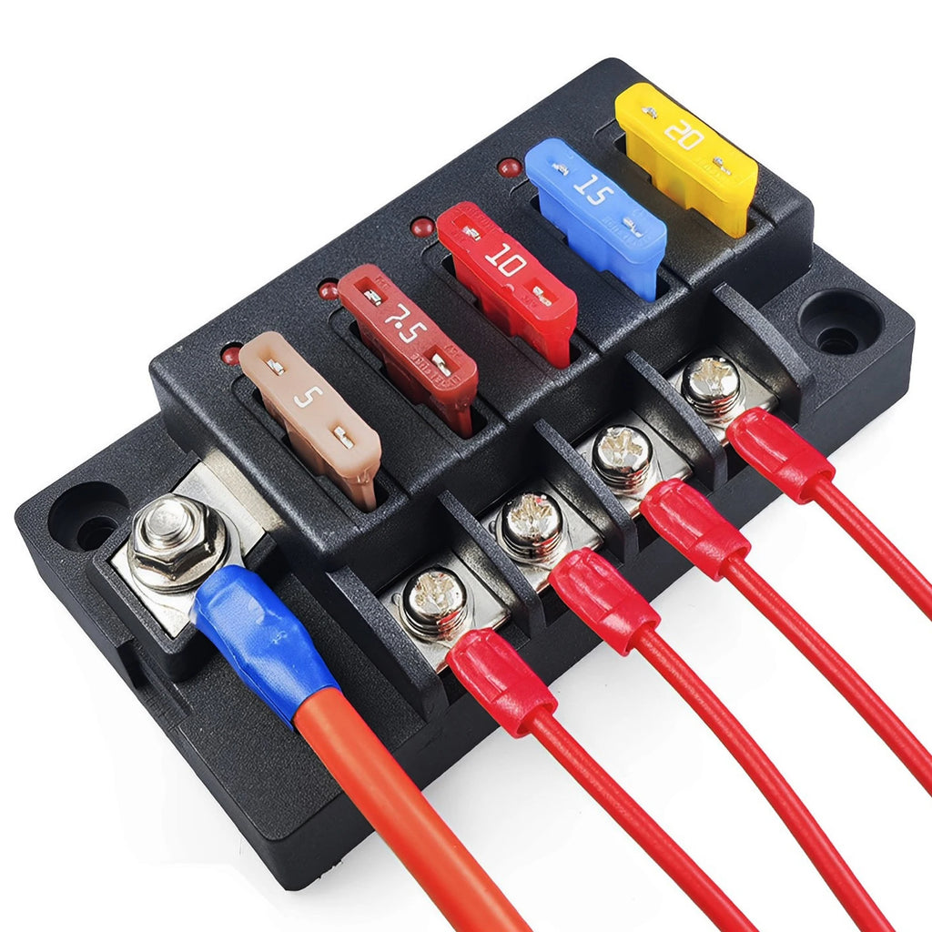 4/6Way Fuse Block 12V Blade Fuse Box Holder with LED Indicator Waterproof Cover Safe Compact Circuit Fuse Box for Car Boat