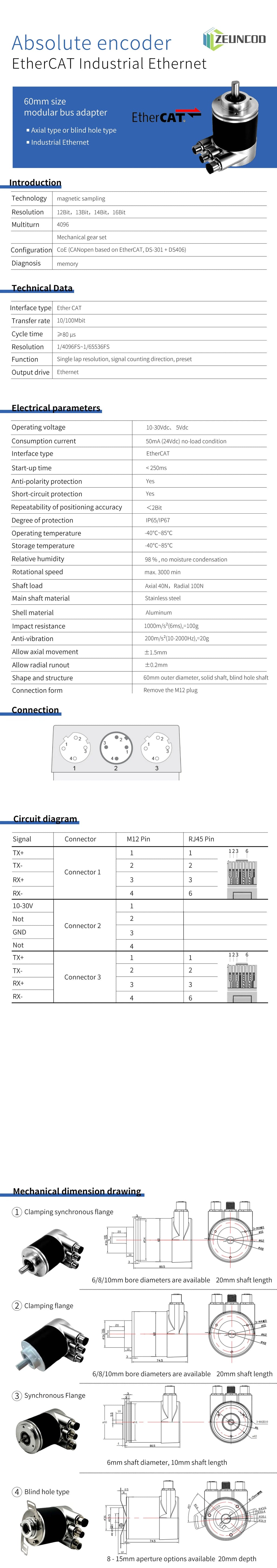 60mm EtherCAT Multi-Turn Absolute Rotary Encoder Magnetic 12-16Bit IP65/IP67 Flange Mount 10-32Vdc Industrial Position Sensor