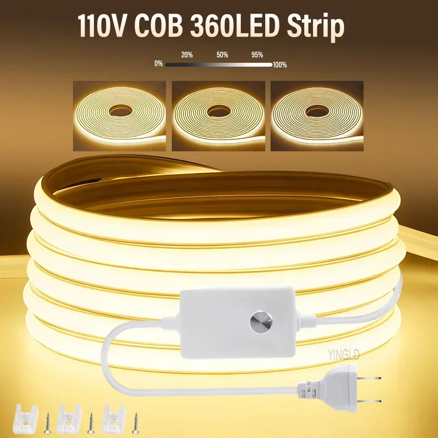 1M-50M 220V COB LED Strip Dimmable 360LEDs/m EU Plug Kitchen Home Room Decoration Flexible Ribbon for Outdoor Garden Lighting