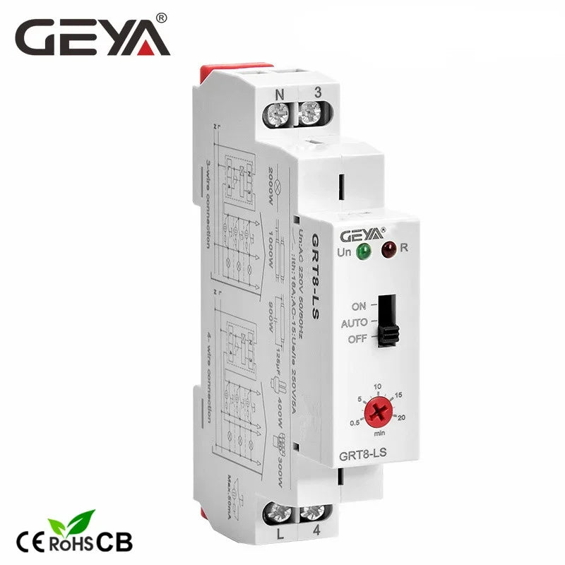 GEYA GRT8-LS/LM Din Rail Staircase Switch Lighting Timer Switch 230VAC 16A 0.5-20mins Delay off Relay Light Switch