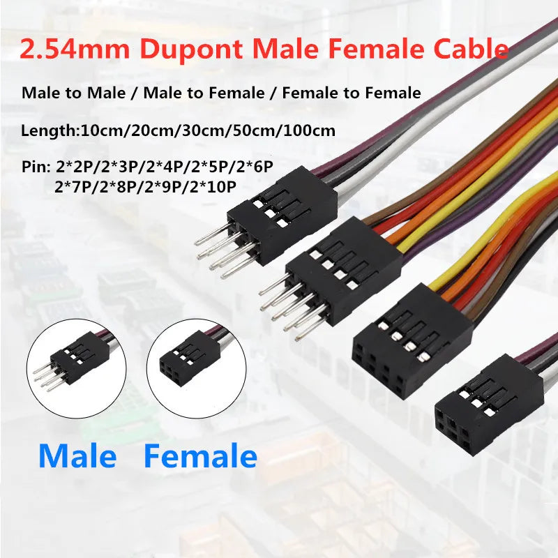 5PCS Double Row Dupont Line 2x2/3/4/5/6/7/8/9/10 Pin Male Female 2.54MM Dupont Jumper Cable Wire For PCB