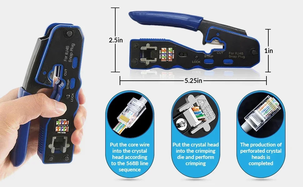 Natalink RJ45 Crimping Tool Pass Through Crimper Wire Stripper Cutter for Cat6A Cat6 Cat5 8P8C rj45 cable stripper tool Connecto