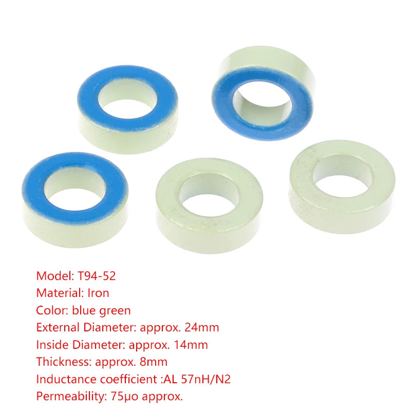 5pcs 24x14x8mm T94-52 Iron Ferrite Toroid Cores Blue Green Ring For Inductors Iron Powder Core Blue Green Ring