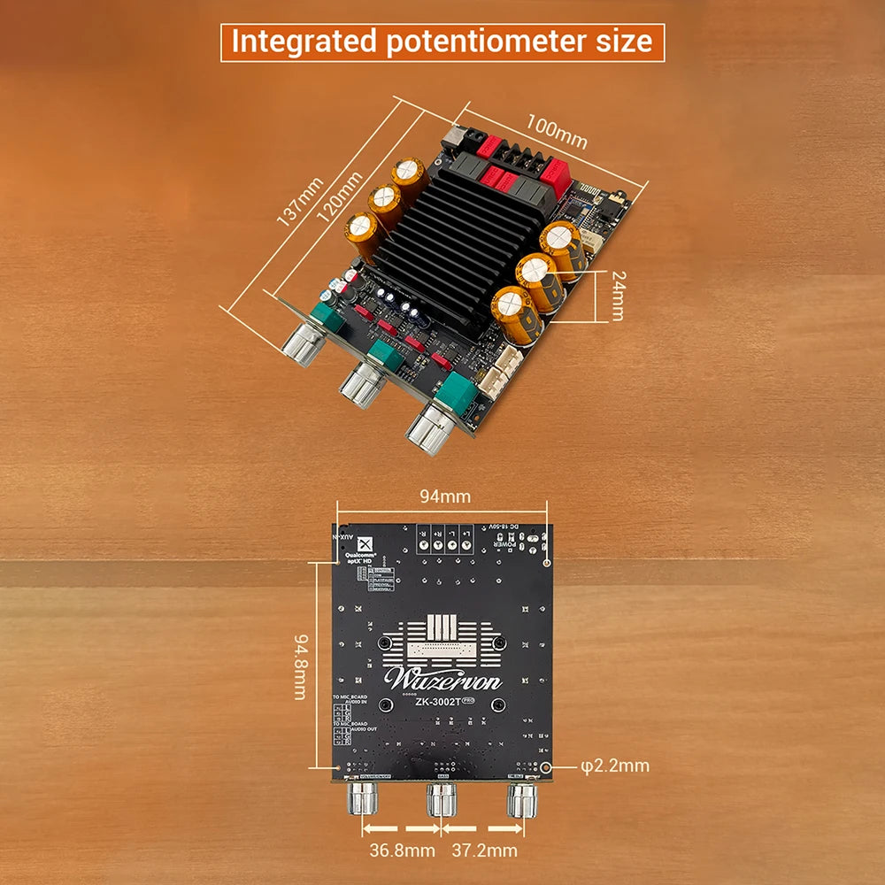 DC 18-50V 3002T PRO Bluetooth Amplifier Board Qualcomm QCC3034 2.0 Channel APTX Lossless 300W+300W TPA3255