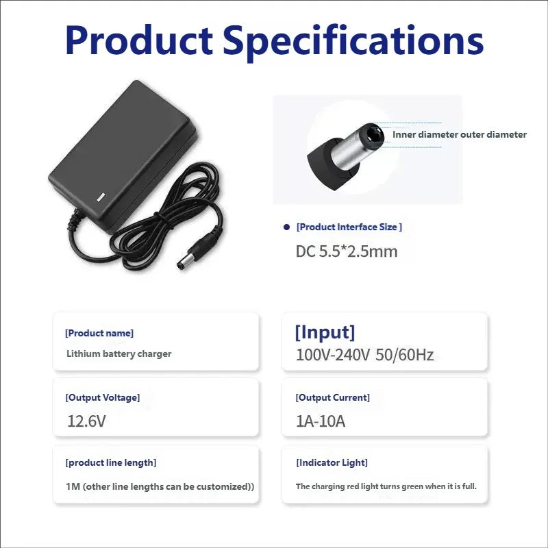 12.6V 16.8V 21V 24V 25V 1A 2A 18650 Lithium Battery Charger DC 5.5*2.1-2.5mm for 3S 4S 5S 6S 12V to 25V Screwdriver Battery Pack