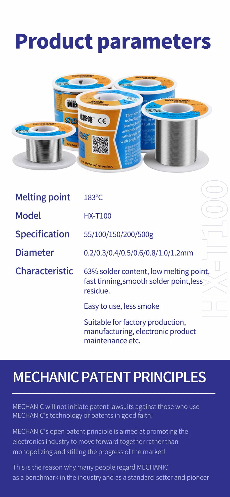 【MECHANIC】 HX-T100 500g Soldering Wire Mild Rosin Core  0.5mm 0.6mm 0.8mm 1mm 1.2mm for IPhone Samsung Repair Tool