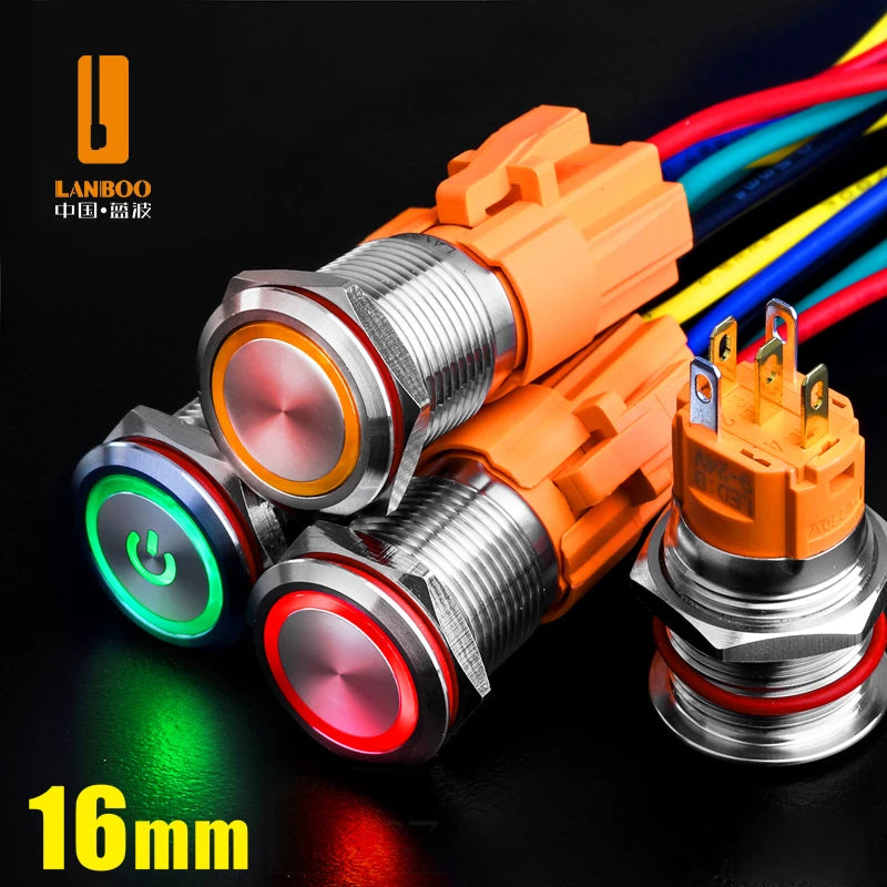 LANBOO LB16A Device Button Switch Chrome Plating/Aluminum Oxide Black/Optional 1NO1NC/5 Pin Latching/Momentary Optional