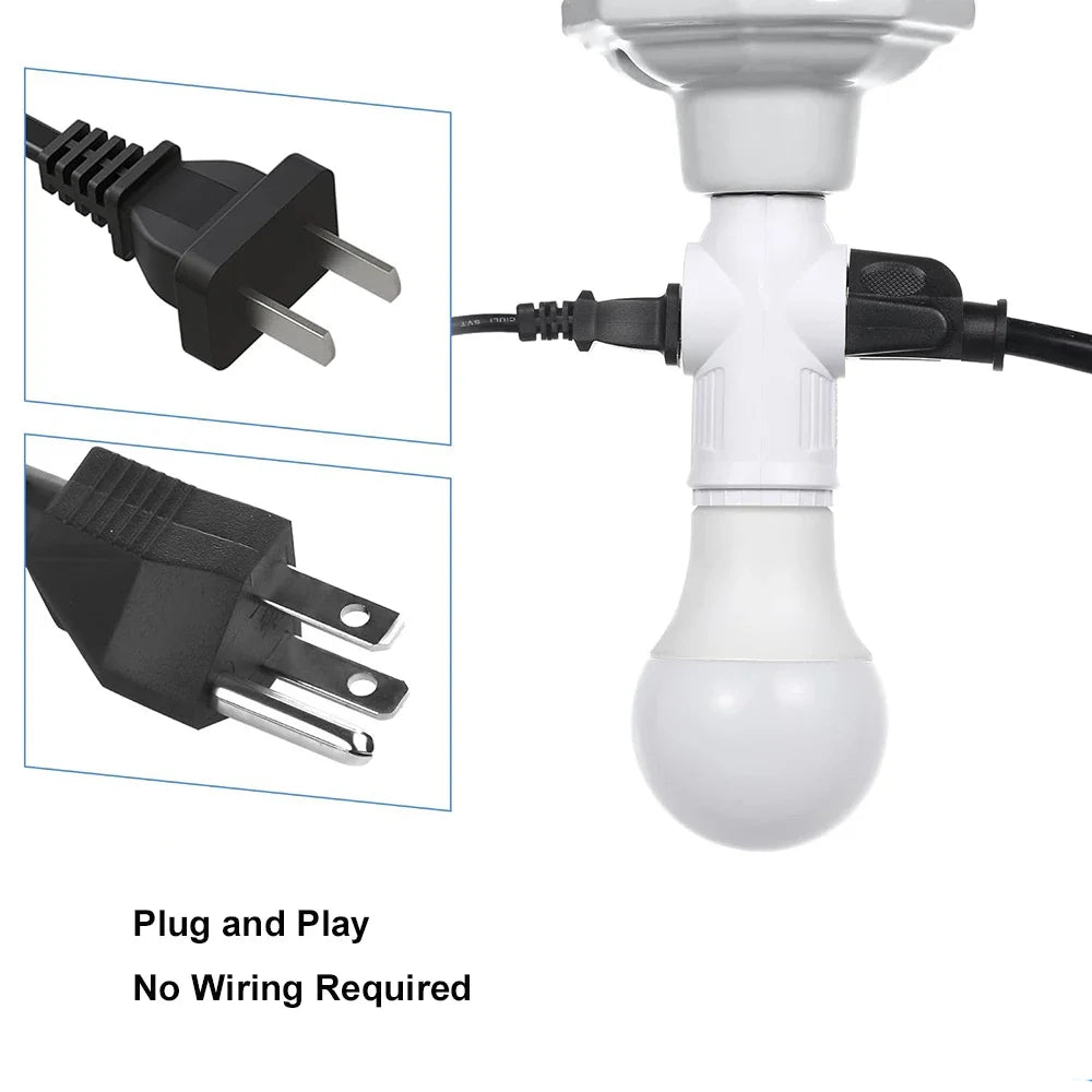 E26 E27 LED Bulb Base to US 2/3Prong Splitter Convert Polary Light Socket Switch AC Plug Garage Porch CCTV Camera Outlet Adapter