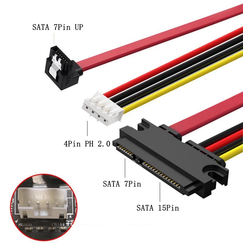 XH2.54&PH2.0 SATA Female Combo 7+15 Pin Data Cable And Power To SATA 7Pin+4 Pin Molex Serial ATA Lead Cable Power Adapter 30cm