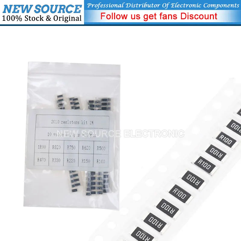 (200pcs) 2010 SMD Resistor 1% 1R00 R100 R620 R470 R330 R220 R820 Ohm Assorted Kit 10ValuesX20PCS