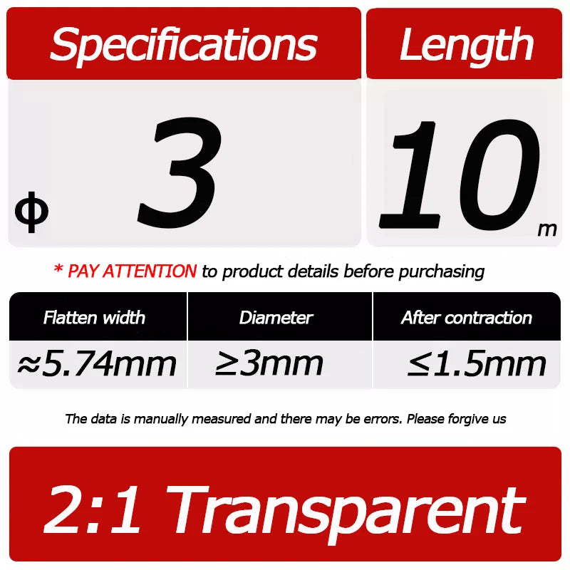 10 Meter/Lot Heat Shrink Tube 2:1 Clear Transparent Tubing Shrinkable Wrap 1mm - 60mm Cable Sleeve Wire