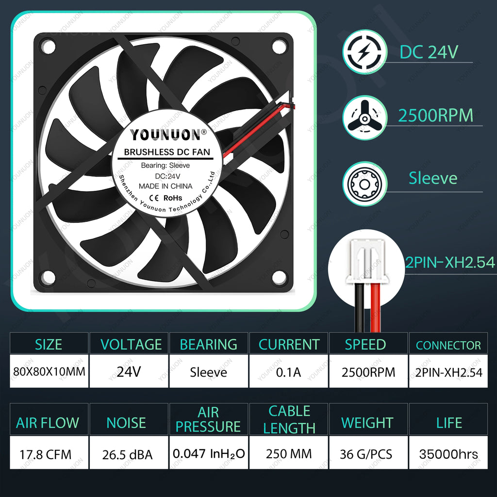 YOUNUON 80MM Fan 5V USB Fan 80x80x10mm 8cm DC 5V 12V 24V 8010 Fan Brushless Cooling Cooler PC Fan Computer Case  Fan Cooler