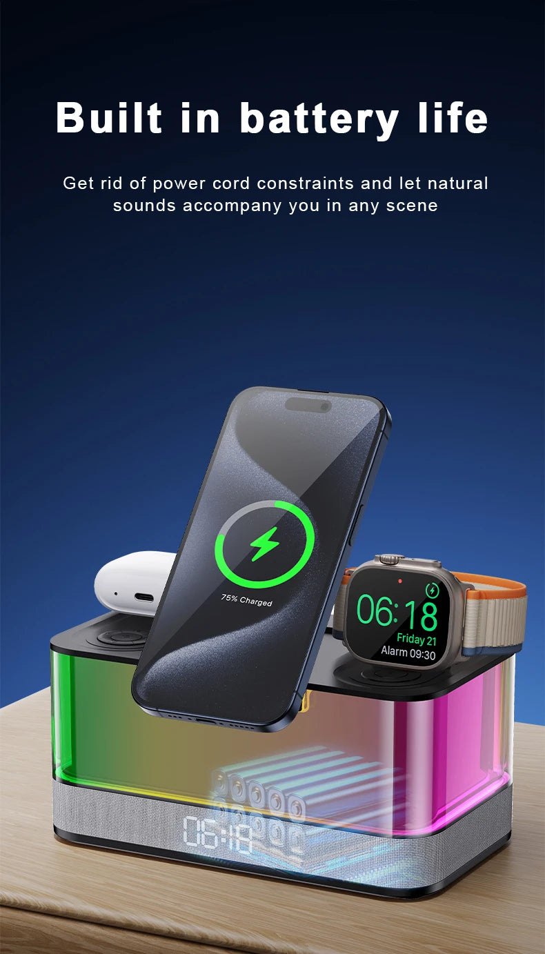 Domars Wireless Charger with Colorful Night Light and Built-In Audio Speaker Supports Fast Charging for Smartphones Earphones