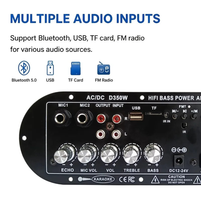 Woopker D350W HIFI Bass Power Amplifier 100W Bluetooth/USB/TF/FM Amplifier board Dual Mic AD/DC Digital Amplifier Board for home