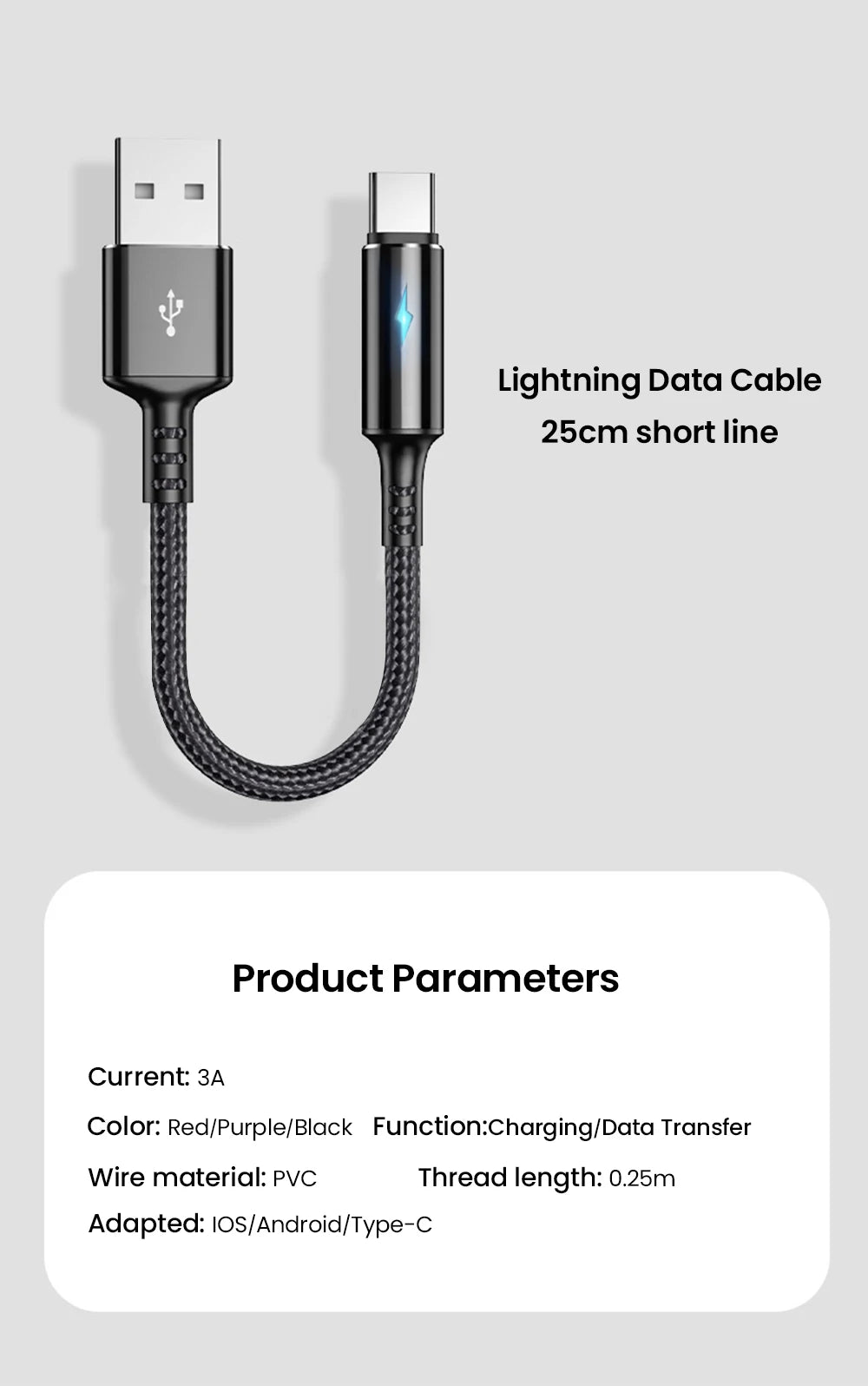 25cm Short USB Type C Cable 3A Data Micro USB Cable for iPhone Huawei Xiaomi Power Bank Fast Charging Data cable