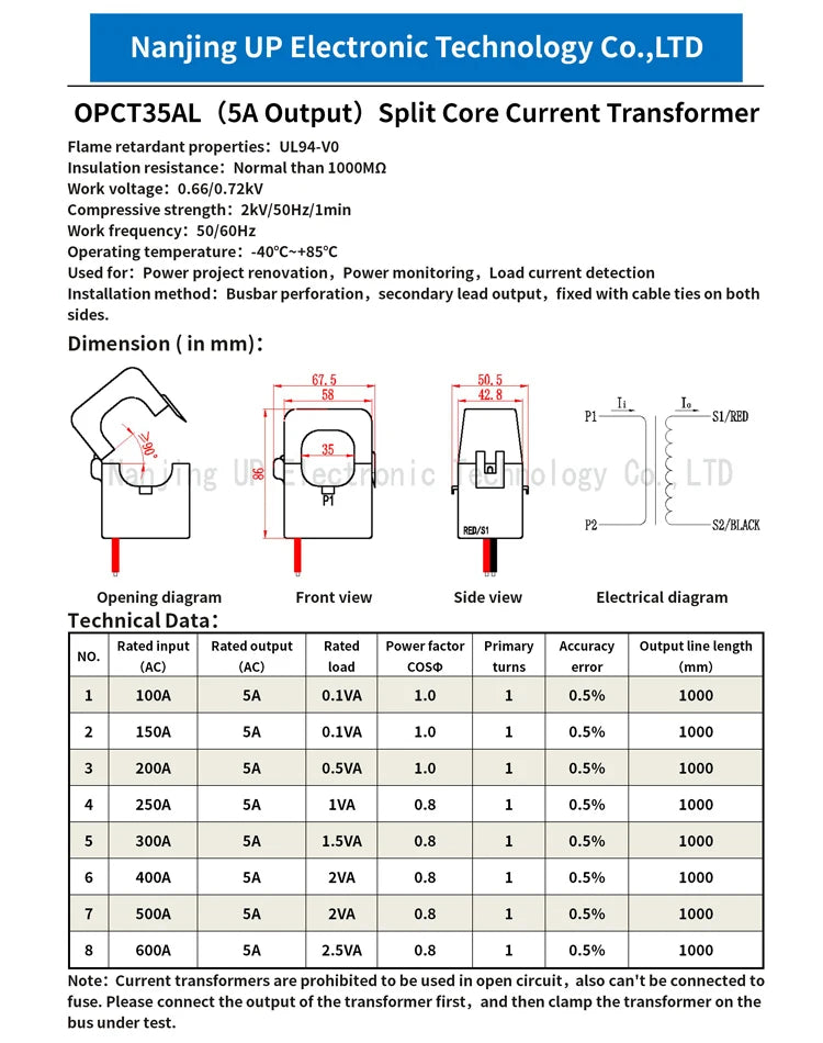 NJXSE OPCT35AGL Clamp Current Transformer 100A 200A 300A 400A 500A 600A / 1V 333mV 40mA 50mA Split Core CT with 3.5mm Jack